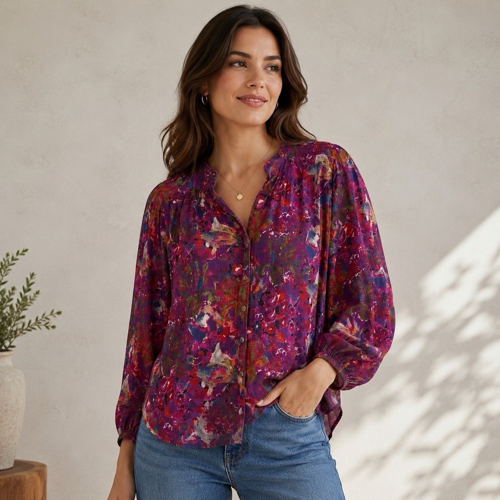 Old Khaki Women's Floral Button-Up Blouse – Colorful Boho Lightweight Top - Picture 2 of 10